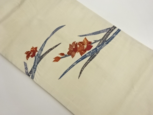 手織り紬パッチワーク枝葉に花模様名古屋帯